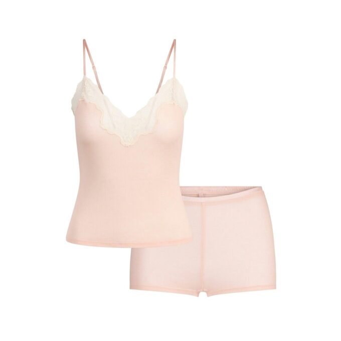 TRANSPARENT RIB-BLONDE CAMI OG SHORTS SÆT